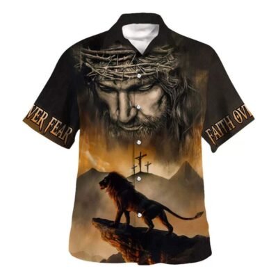 Faith Over Fear Bible Verse Jesus And Lion Hawaiian Shirt For Men, Christian Hawaiian Shirt, Gift For Christian