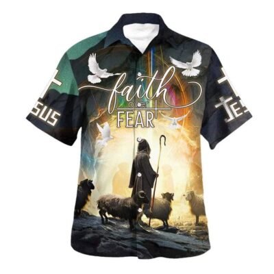 Faith Over Fear Bible Verse Jesus And The Sheep Hawaiian Shirt For Men, Christian Hawaiian Shirt, Gift For Christian
