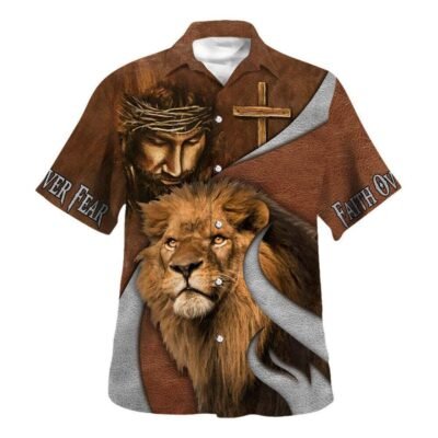 Faith Over Fear Bible Verse Jesus Lion Hawaiian Shirt For Men, Christian Hawaiian Shirt, Gift For Christian Short Sleeve Shirt