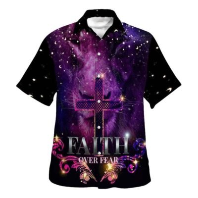 Faith Over Fear The Lion Cross Christian Faith For Friend Hawaiian Shirt For Men, Christian Hawaiian Shirt, Gift For Christian