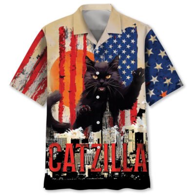 Funny America Black Cat Hawaiian Shirt, Funny Hawaiian Shirt, Usa Hawaiian Shirt, Vintage Hawaiian Short Sleeve Shirt
