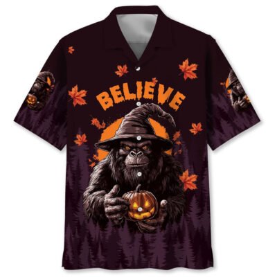 Funny Bigfoot Halloween Night Believe Hawaiian Shirt, Funny Hawaiian Shirt, Cool Hawaiian Shirt, Best Hawaiian Short Sleeve Shirt