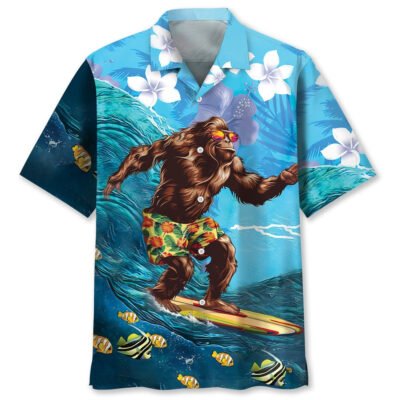 Funny Bigfoot Surfing Hibiscus Hawaiian Shirt, Funny Hawaiian Shirt, Cool Hawaiian Shirts, Best Hawaiian Shirts