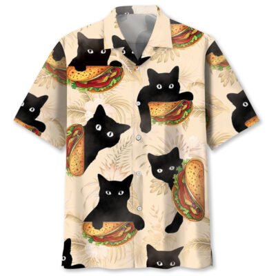 Funny Black Cat Hiding With Taco Hawaiian Shirt, Cat Hawaiian Shirt, Funny Hawaiian Short Sleeve Shirt