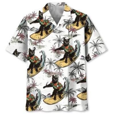 Funny Black Cat Surfing Hawaiian Shirt, Cat Hawaiian Shirt, Funny Hawaiian Shirts