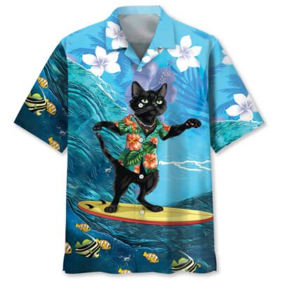 Funny Black Cat Surfing Hibiscus Hawaiian Shirt, Cat Hawaiian Shirt, Funny Hawaiian Shirts