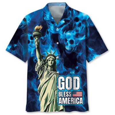 God Bless America Skull Hawaiian Shirt, Funny Hawaiian Shirt, Usa Hawaiian Shirt, Vintage Hawaiian Short Sleeve Shirt