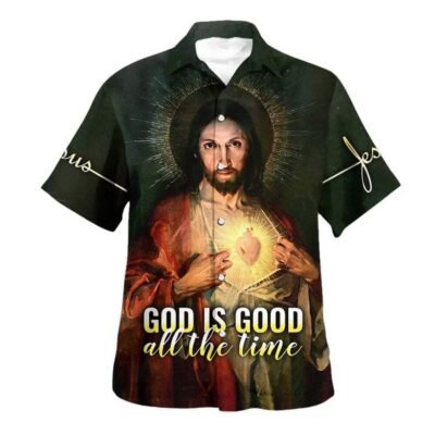 God Is Good All The Time Sacred Heart Hawaiian Shirt For Men, Christian Hawaiian Shirt, Gift For Christian Short Sleeve Shirt