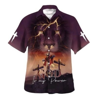 God Is My Power Lion Three Cross Christian Hawaiian Shirt For Men, Christian Hawaiian Shirt, Gift For Christian Short Sleeve Shirt