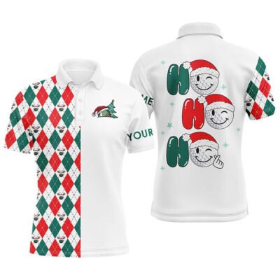 Golf Polo Shirts, Christmas Golf Ball Ho Ho Ho Mens Golf Polo Shirts Custom Red, White, Green Argyle Pattern Golf Gift, Custom Golf Shirts