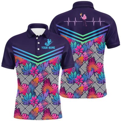 Golf Polo shirts, Heart Beat Flamingo Multicolor Tropical Mens Golf Polo Shirts Custom Golf Shirts For Men