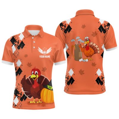 Golf Polo shirts, Turkey Bird Thanksgiving Golf Mens Polo Shirt Argyle Orange Custom Men Golf Outfits Cool Golf Gifts