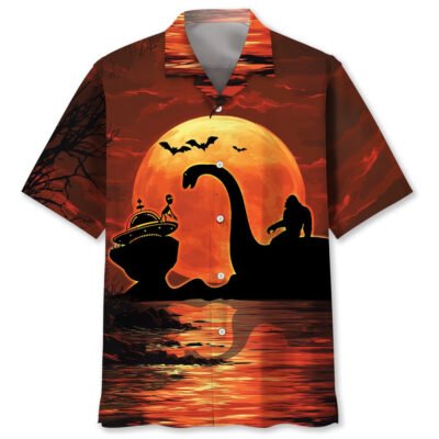 Halloween Bigfoot Riding On Lochness Monster And Alien Hawaiian Shirt, Funny Hawaiian Shirt, Cool Hawaiian Shirts, Best Hawaiian Shirts