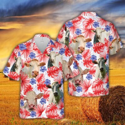 Hawaiian Cow Shirt, American Colors Charolais Cattle All Printed 3D Hawaiian Shirt For Men And Women, Animal Hawaiian Shirt, Farmer Short Sleeve Shirt