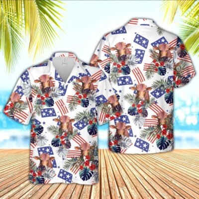 Hawaiian Cow Shirt, Beefmaster American Little Flowers And Flag Pattern Hawaiian Shirt, Animal Hawaiian Shirts, Farmer Shirts