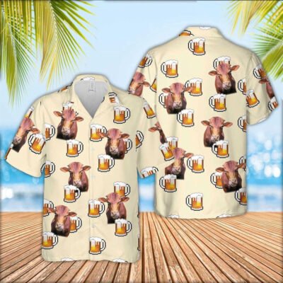 Hawaiian Cow Shirt, Beefmaster Cattle Drink Beer Pattern Hawaiian Shirt, Animal Hawaiian Shirt, Farmer Short Sleeve Shirt
