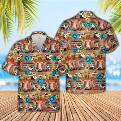 Hawaiian Cow Shirt, Beefmaster Cowboy Pattern 3D Hawaiian Shirt, Animal Hawaiian Shirt, Farmer Short Sleeve Shirt