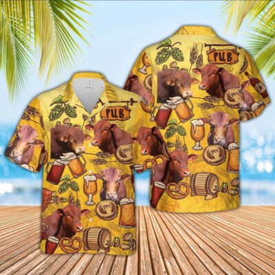 Hawaiian Cow Shirt, Beefmaster Drink Beer Pattern 3D Hawaiian Shirt, Animal Hawaiian Shirt, Farmer Short Sleeve Shirt