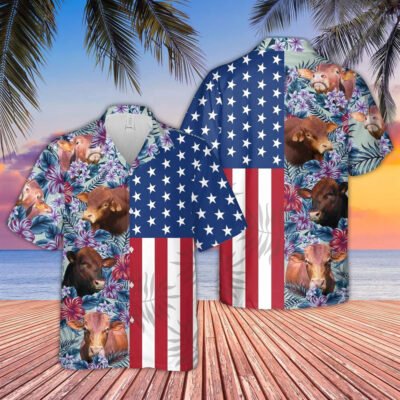 Hawaiian Cow Shirt, Beefmaster Flower Pattern American 3D Hawaiian Shirt, Animal Hawaiian Shirt, Farmer Short Sleeve Shirt