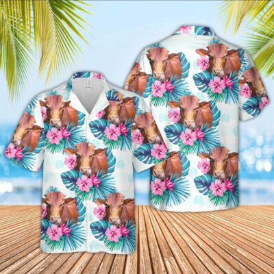 Hawaiian Cow Shirt, Beefmaster Foot Sign Pattern 3D Hawaiian Shirt, Animal Hawaiian Shirt, Farmer Short Sleeve Shirt