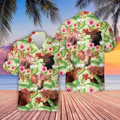 Hawaiian Cow Shirt, Beefmaster Hibicus Floral 3D Hawaiian Shirt, Animal Hawaiian Shirt, Farmer Short Sleeve Shirt