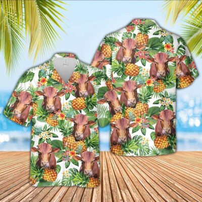 Hawaiian Cow Shirt, Beefmaster Pineapple Pattern 3D Hawaiian Shirt, Animal Hawaiian Shirt, Farmer Short Sleeve Shirt