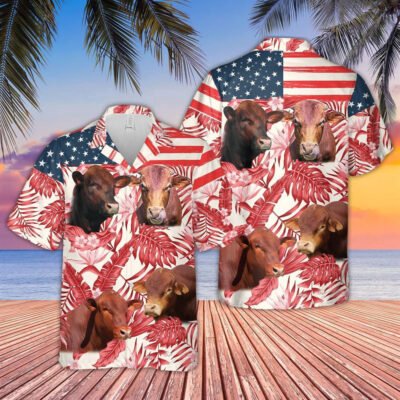 Hawaiian Cow Shirt, Beefmaster Red Floral Us Flag 3D Hawaiian Shirt, Animal Hawaiian Shirt, Farmer Short Sleeve Shirt