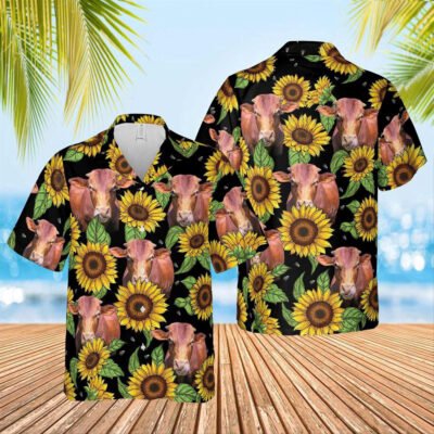 Hawaiian Cow Shirt, Beefmaster Sunflower Hawaiian Shirt 2023, Animal Hawaiian Shirt, Farmer Short Sleeve Shirt