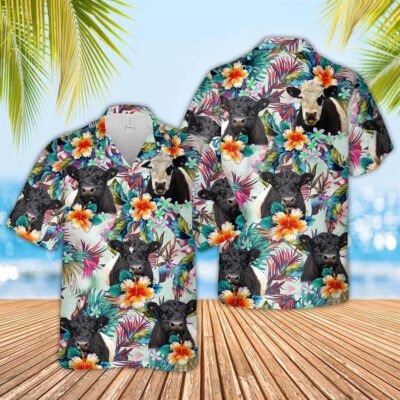 Hawaiian Cow Shirt, Belted Galloway Colorful Leaf Pattern Hawaiian Shirt, Animal Hawaiian Shirts, Farmer Shirts