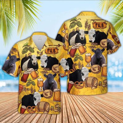 Hawaiian Cow Shirt, Belted Galloway Drink Beer Pattern 3D Hawaiian Shirt, Animal Hawaiian Shirt, Farmer Short Sleeve Shirt