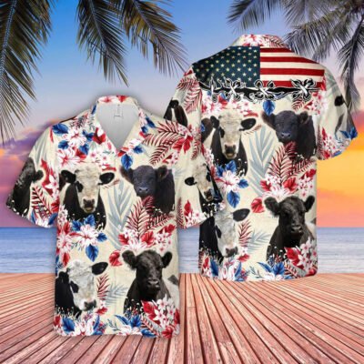 Hawaiian Cow Shirt, Belted Galloway Pattern Us Flag Hawaiian Shirt, Animal Hawaiian Shirt, Farmer Short Sleeve Shirt