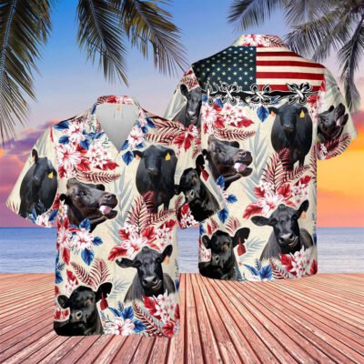 Hawaiian Cow Shirt, Black Angus American Flag Hawaiian Flowers All Over Printed 3D Hawaiian Shirt, Animal Hawaiian Shirt, Farmer Short Sleeve Shirt