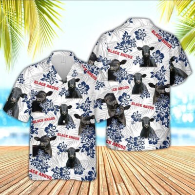 Hawaiian Cow Shirt, Black Angus American White Flowers Pattern Hawaiian Shirt, Animal Hawaiian Shirt, Farmer Short Sleeve Shirt