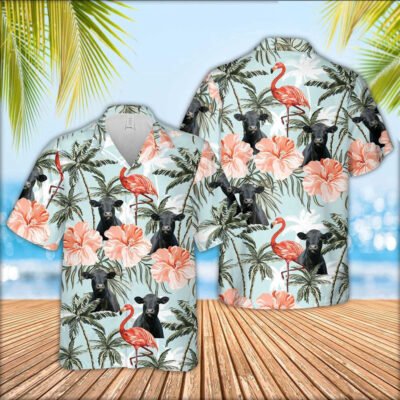 Hawaiian Cow Shirt, Black Angus Cattle Flamingo Light Bule Hawaiian Shirt, Animal Hawaiian Shirt, Farmer Short Sleeve Shirt