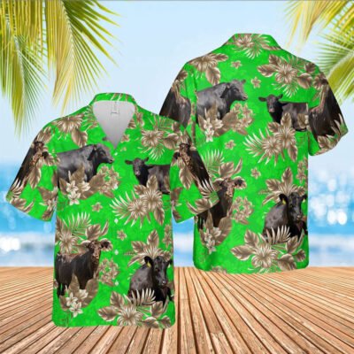 Hawaiian Cow Shirt, Black Angus Cattle Lovers Aloha Pattern Green All Over Printed 3D Hawaiian Shirt, Animal Hawaiian Shirt, Farmer Short Sleeve Shirt
