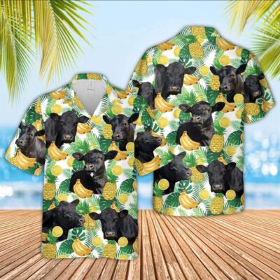 Hawaiian Cow Shirt, Black Angus Cattle White Tropical Fruits Pattern Hawaiian Shirt, Animal Hawaiian Shirt, Farmer Short Sleeve Shirt