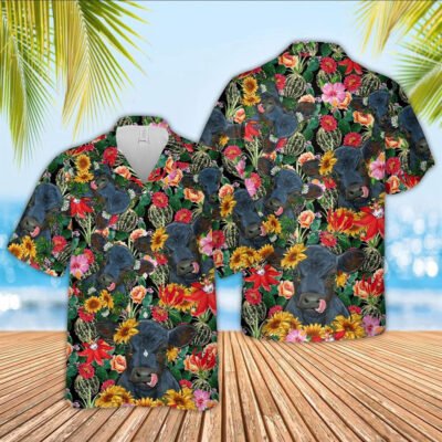 Hawaiian Cow Shirt, Black Angus Cow And Flower Drawing Hawaiian Shirt, Animal Hawaiian Shirt, Farmer Short Sleeve Shirt