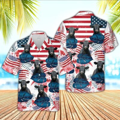 Hawaiian Cow Shirt, Black Angus Flag Pattern Hawaiian Shirt, Animal Hawaiian Shirt, Farmer Short Sleeve Shirt
