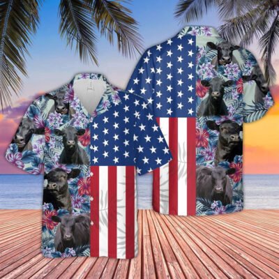 Hawaiian Cow Shirt, Black Angus Flower Pattern Us Flag 3D Hawaiian Shirt, Animal Hawaiian Shirt, Farmer Short Sleeve Shirt