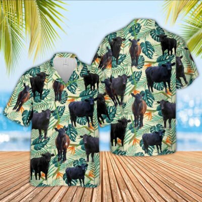 Hawaiian Cow Shirt, Black Angus Green Pattern 3D Hawaiian Shirt, Animal Hawaiian Shirt, Farmer Short Sleeve Shirt