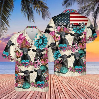 Hawaiian Cow Shirt, Black Angus Happiness Flowers 3D Hawaiian Shirt, Animal Hawaiian Shirt, Farmer Short Sleeve Shirt