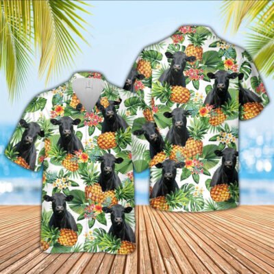 Hawaiian Cow Shirt, Black Angus Pineapple Pattern 3D Hawaiian Shirt, Animal Hawaiian Shirt, Farmer Short Sleeve Shirt