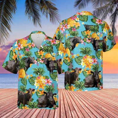 Hawaiian Cow Shirt, Black Angus Pineapple Summer 2 Pockets 3D Hawaiian Shirt, Animal Hawaiian Shirt, Farmer Short Sleeve Shirt