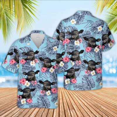 Hawaiian Cow Shirt, Black Angus Sierra Blue Pattern 3D Hawaiian Shirt, Animal Hawaiian Shirt, Farmer Short Sleeve Shirt
