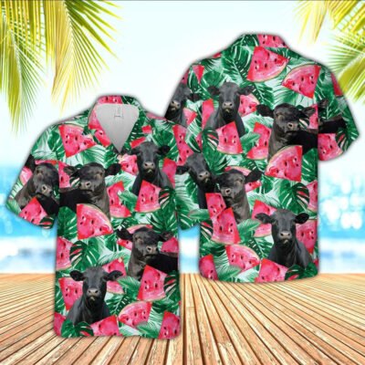 Hawaiian Cow Shirt, Black Angus Watermelon 3D Hawaiian Shirt, Animal Hawaiian Shirt, Farmer Short Sleeve Shirt