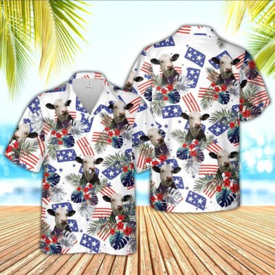 Hawaiian Cow Shirt, Black Baldy American Little Flowers And Flag Pattern Hawaiian Shirt, Animal Hawaiian Shirt, Farmer Short Sleeve Shirt