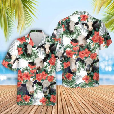 Hawaiian Cow Shirt, Black Baldy Cattle Hibucis Flower Pattern 3D Hawaiian Shirt, Animal Hawaiian Shirt, Farmer Short Sleeve Shirt