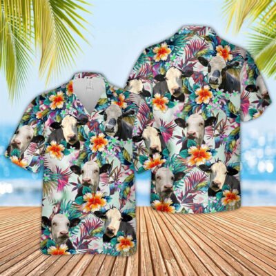 Hawaiian Cow Shirt, Black Baldy Colorful Leaf Pattern Hawaiian Shirt, Animal Hawaiian Shirts, Farmer Shirts