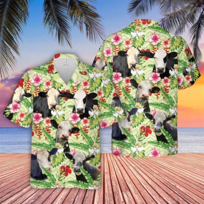 Hawaiian Cow Shirt, Black Baldy Hibicus Floral 3D Hawaiian Shirt, Animal Hawaiian Shirt, Farmer Short Sleeve Shirt
