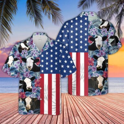 Hawaiian Cow Shirt, Blaze Face Simmental Flower Pattern American 3D Hawaiian Shirt, Animal Hawaiian Shirt, Farmer Short Sleeve Shirt